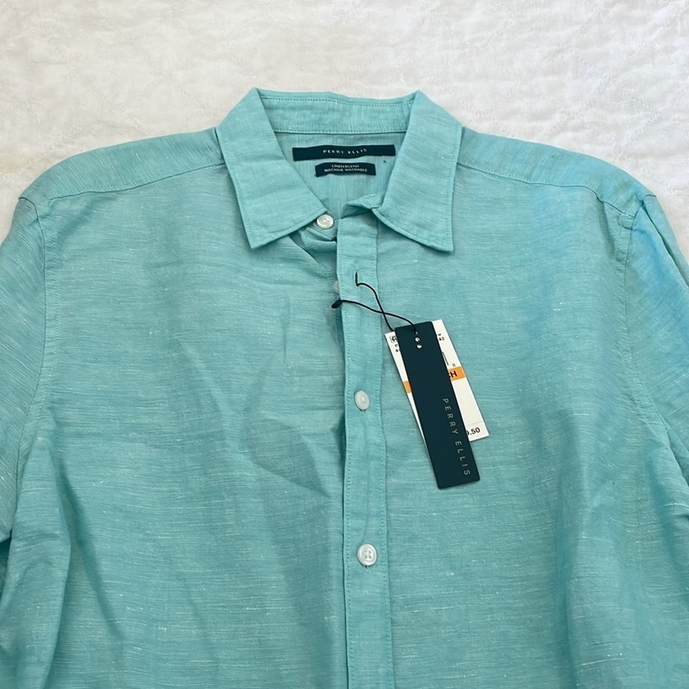 NWT men’s Perry Ellis linen blend button-down shirt aqua sea color size S/CH - Picture 5 of 8